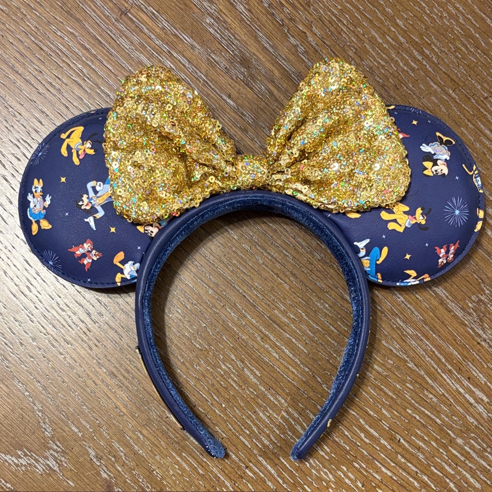 Walt Disney World 50th Mickey Ear Headband with Gold Bow